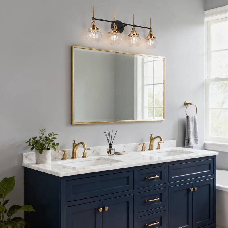 Beta Modern 4-Light Gold Black Bathroom Vanity Light Orb Glass Wall Sconce - 28.5''L x 7''W x 12.5''H