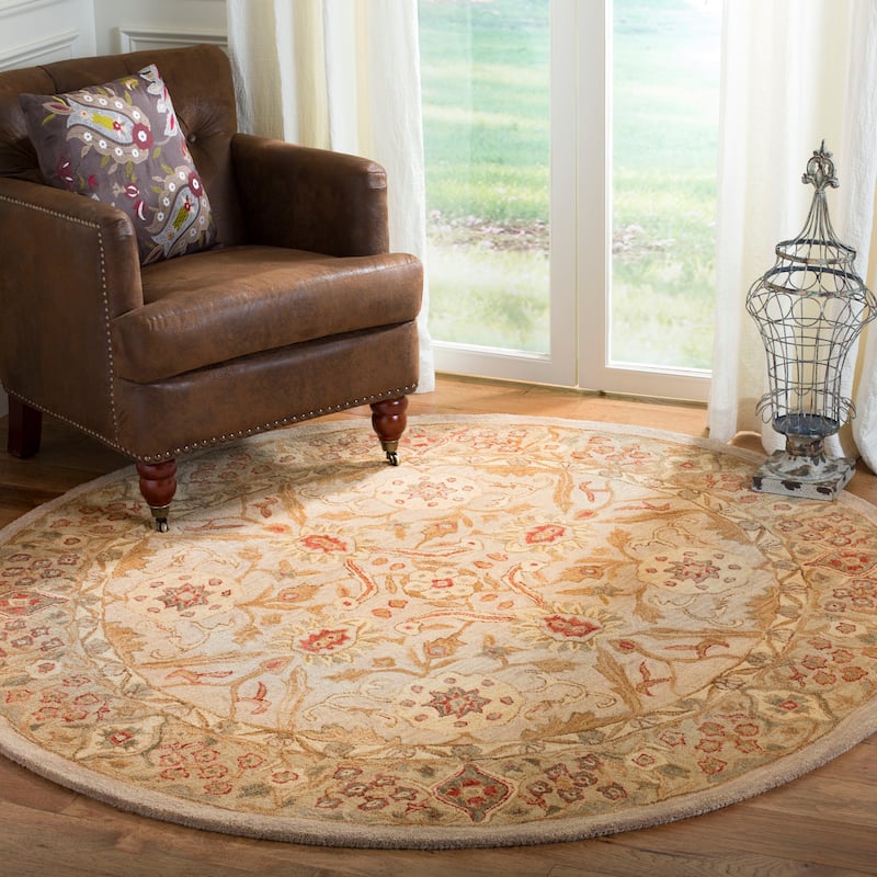 SAFAVIEH Handmade Anatolia Ylvije Traditional Oriental Hand-spun Wool Rug - 6' Round - Grey Beige/Sage