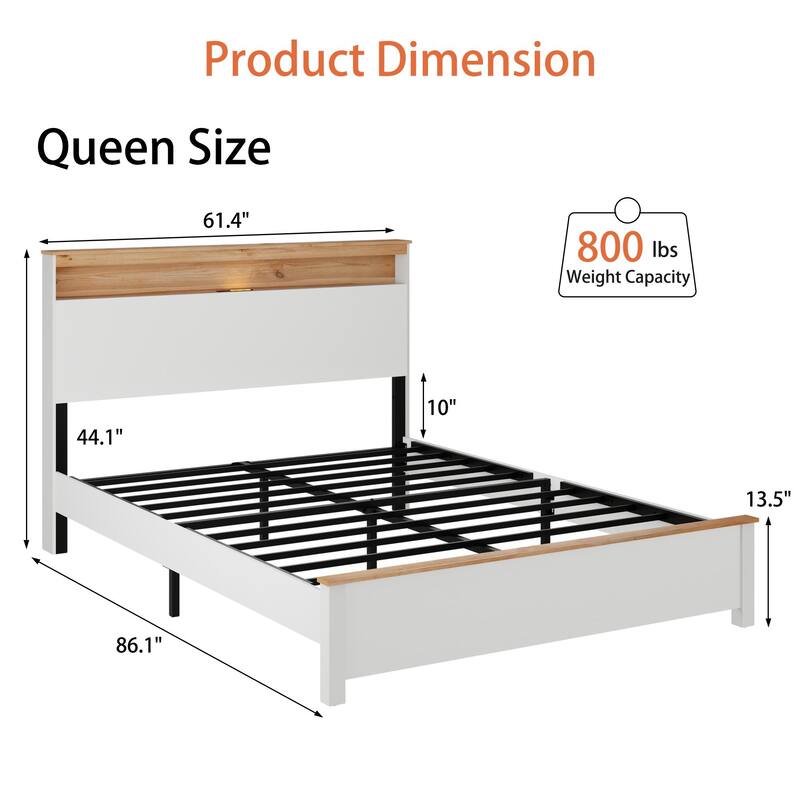 Farmhouse Wooden Bed Frame with Metal Slats, Modern LED Platform Bed Frame with Storage Headboard and Charging Station