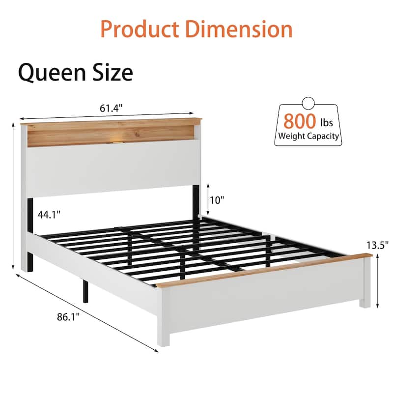 Wood Platform Bed Frame with LED Light Headboard, USB & Type-C Ports, Noise-Free Design, Metal Slats Support, Antique White