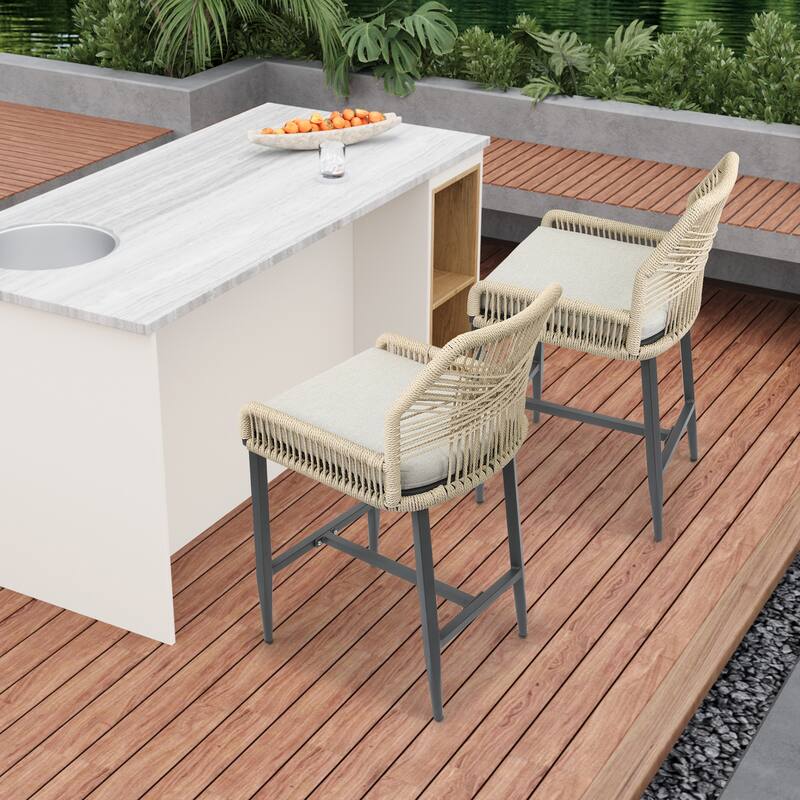 Outdoor Bar Stool with Rope Weave and Cushioned Seat