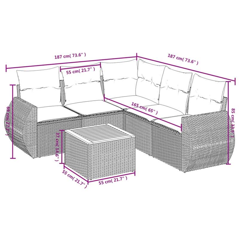 vidaXL Patio Sofa Set with Cushions Outdoor Furniture 6 Piece Poly Rattan - 21.7 x 21.7 x 14.6