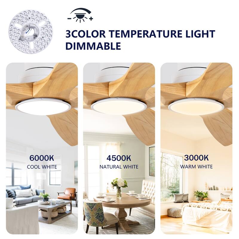 52 Inch Indoor Ceiling Fans With Lights and Remote Control, Dimmable LED, 5 Solid Wood Blades,Reversible DC Motor