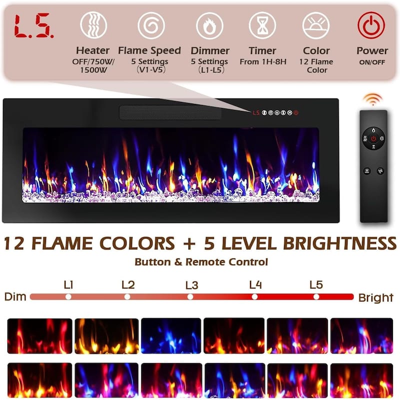 BOSSIN 80" Fireplace TV Stand with Adjustable LED Lights, Modern Entertainment Center with Glass Door Storage Cabinet, Black