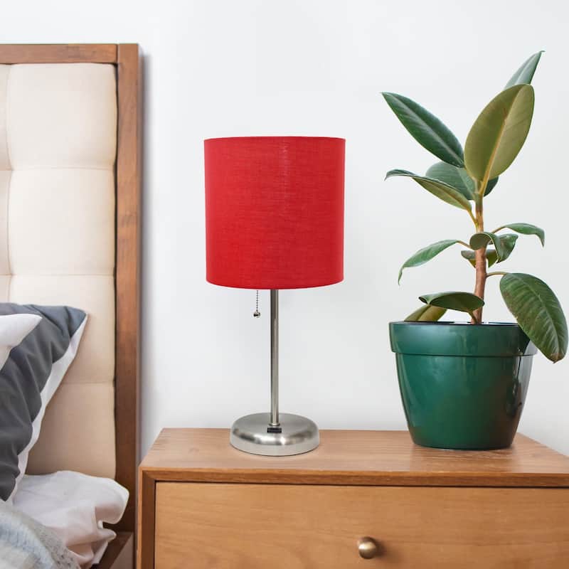 Contemporary Brushed Steel Bedside Table Desk Lamp with Drum Shade - 19.5" - Silver and Red