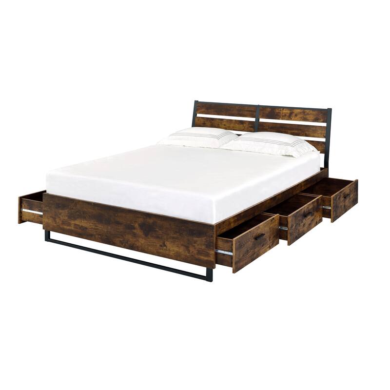 Oak King Size Industrial Solid Wood Bed with Wooden Side Rails and Slatted Headboard