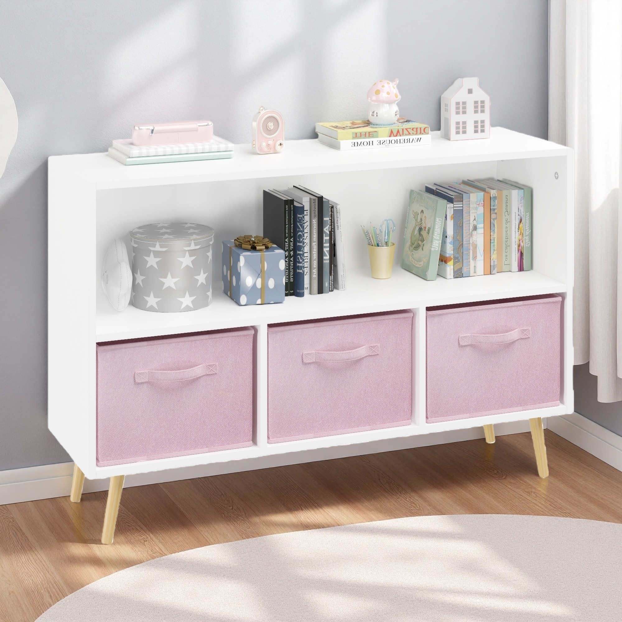 23.62"H Kids Bookcase, MDF Collapsible Drawers, Toy Storage with Safety Buckle