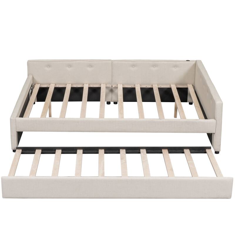 Queen Size L-shaped Upholstered Platform Bed Frame with USB and Wood Slats Support, Pull-out Trundle Bed, Beige