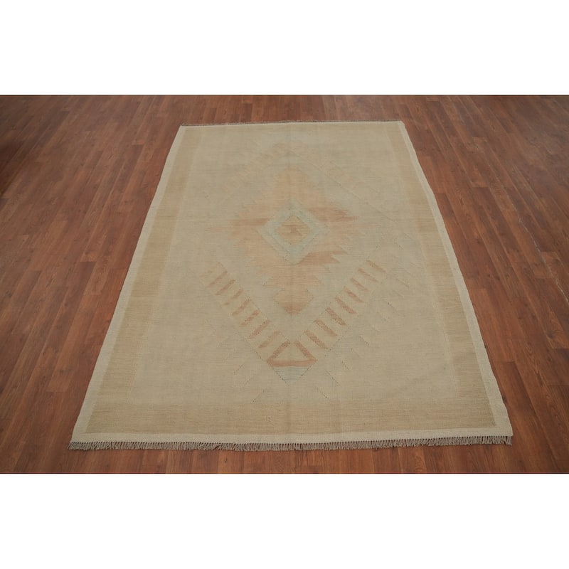 Hand Woven Oriental 100% Wool Carpet Southwestern Medallion Beige & Ivories Kilim Area Rug - 6' 7'' X 4' 11''