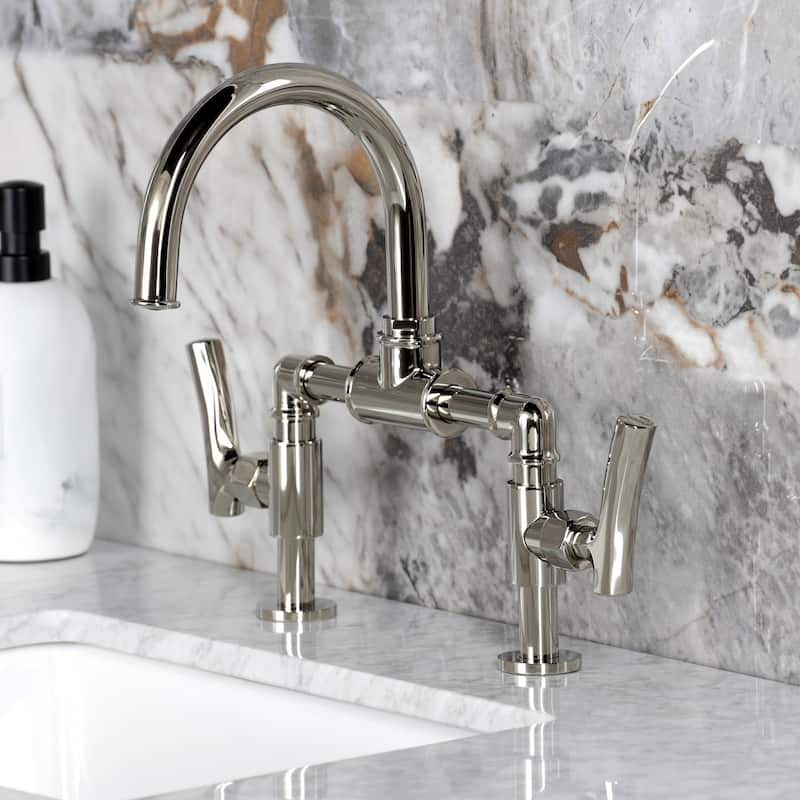 Kingston Brass Hallerbos Two-Handle 4-Hole Deck Mount Bridge Bathroom Faucet with Brass Pop-Up Drain