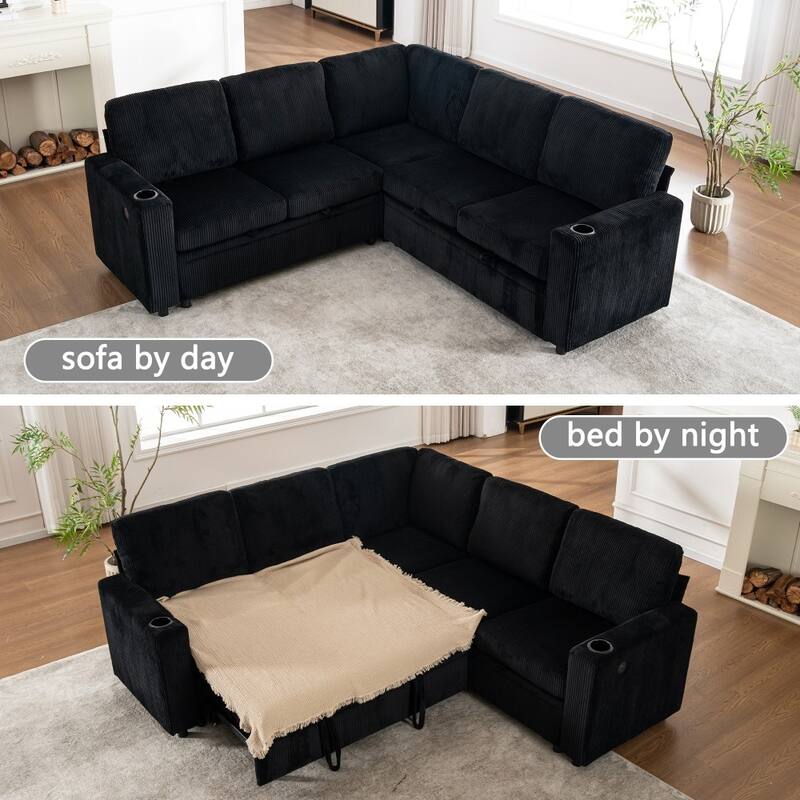 83.66" L-Shaped Sectional Sofa with Storage and Pull Out Bed