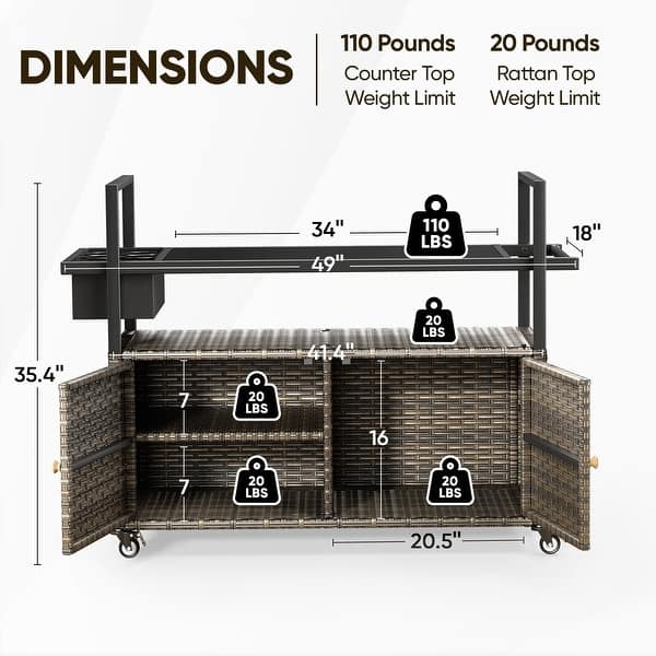 dimension image slide 0 of 2, Outdoor Bar Cart with Storage and Wheels