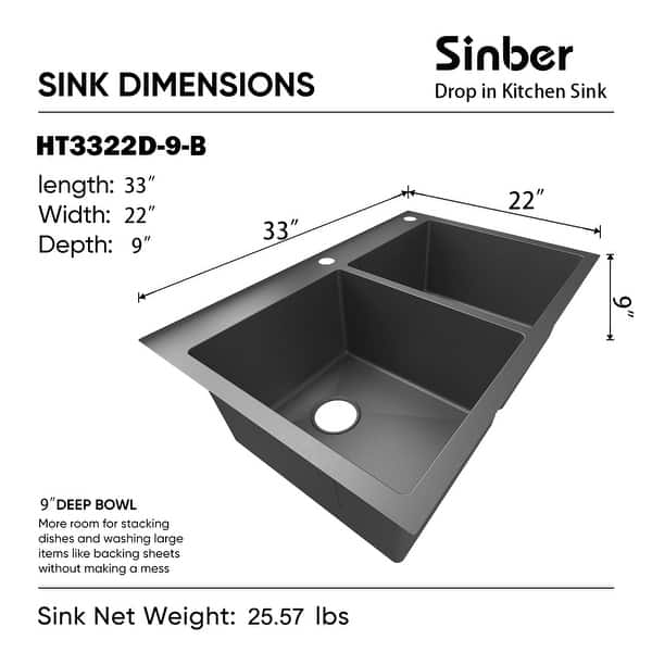 dimension image slide 7 of 8, Sinber Drop in Double Bowl 304 Stainless Steel Kitchen Sink