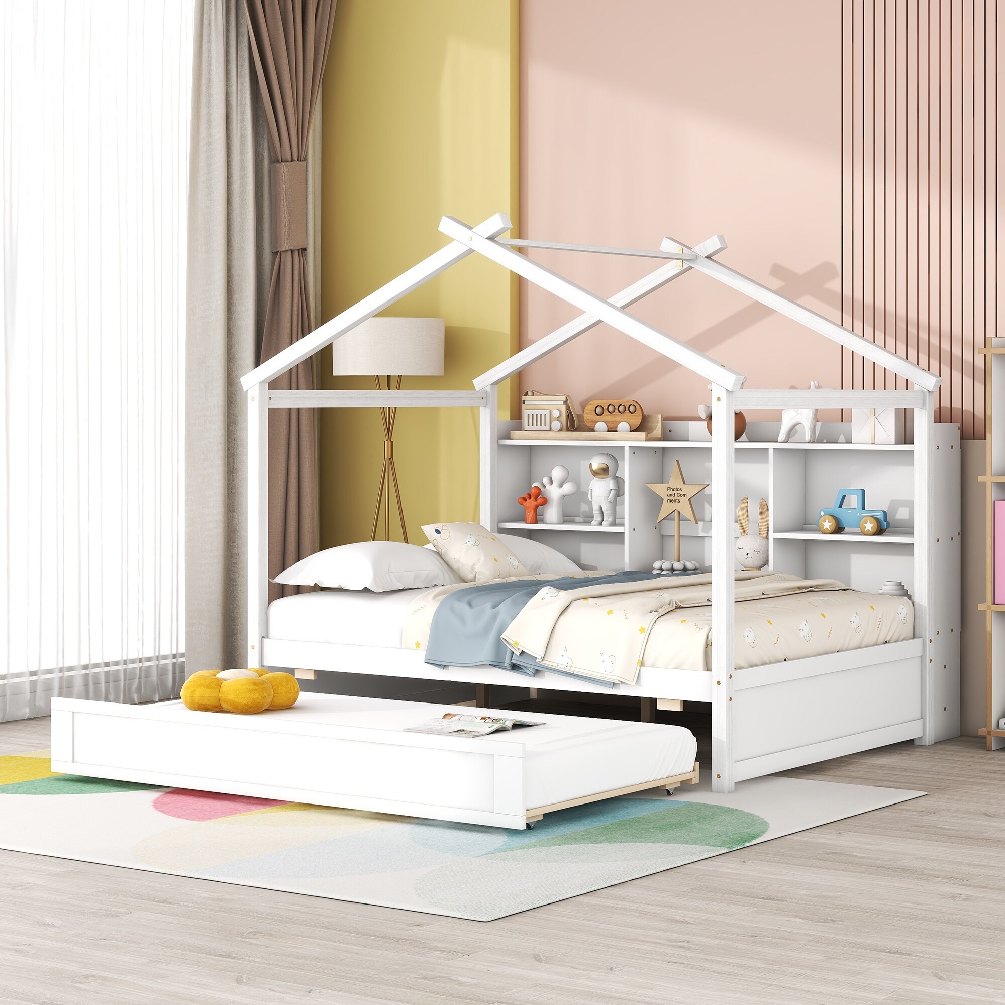 House Bed Wood Platform Bed Frame with Trundle and 6 Storage Shelves House Shaped Trundle Bed for Boys Girls Full Bed Bath Beyond 39116302