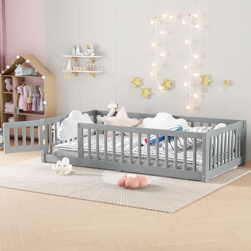 Montessori Toddler Floor Bed with Fence and Switchable Door, Low Profile Bed Frame with Removable Slats, Safe Transition Bed