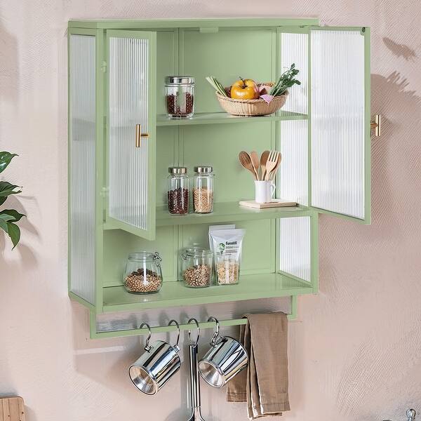 9.06 in. W x 23.62 in. D x 30.71 in. H in Green Iron Wall Cabinet with 2-Tier Enclosed Storage Open Shelf and Towel Rack