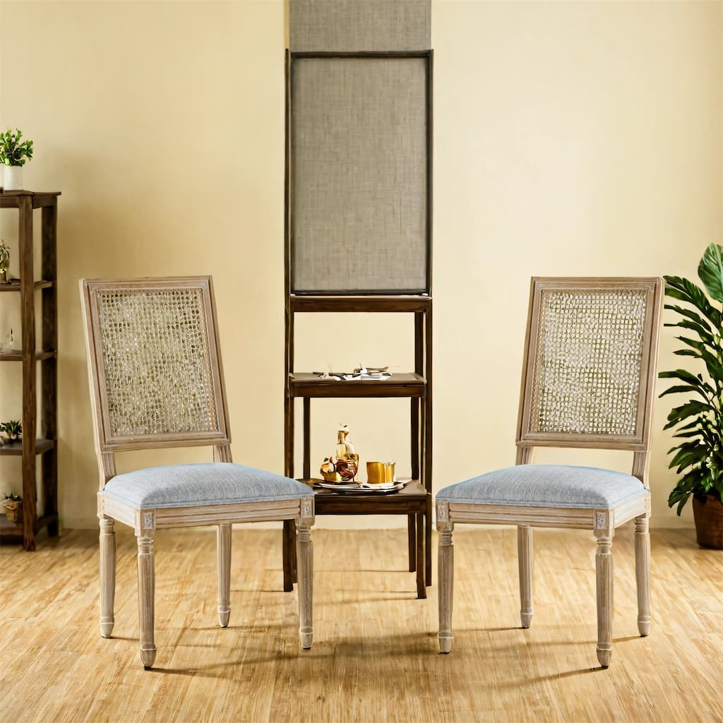 French Country Dining Chairs w/ Elegant Cane Backrest & Upholstered Seats (Set of 2)