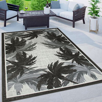 Tropical Floral Border Flatweave Indoor/Outdoor Area Rug