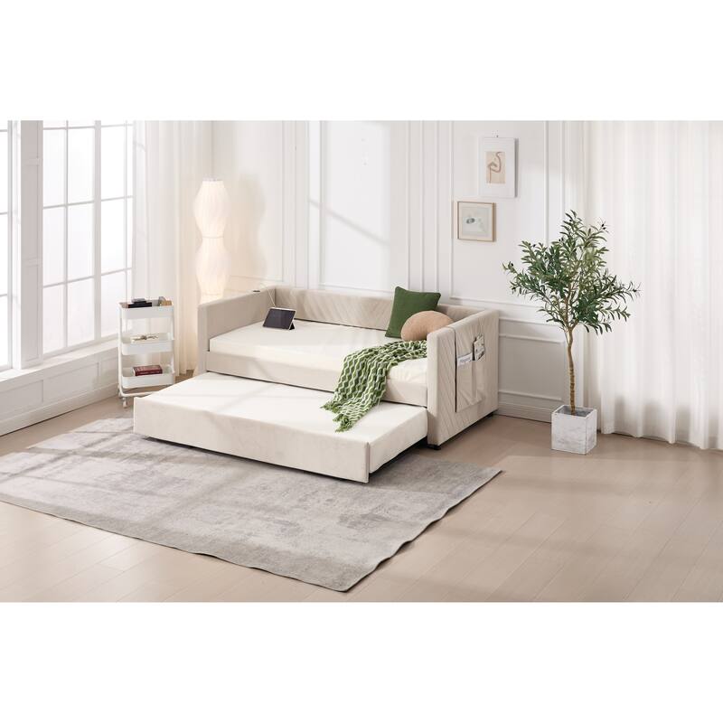 Twin Size Velvet Daybed with Trundle, USB Charging Port & Side Pockets, Modern Upholstered Sofa Bed with V-Pattern Backrest