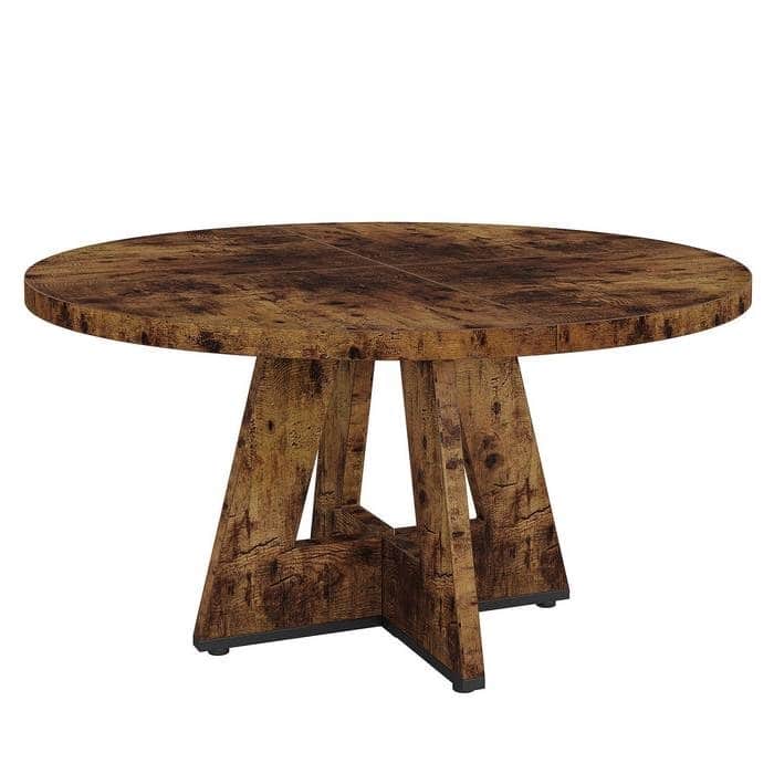 Farmhouse Retro Oak Round 47 Inch Wooden Kitchen Dining Table for 4 People - 47.25"D x 47.25"W x 29.5"H - Rustci Brown