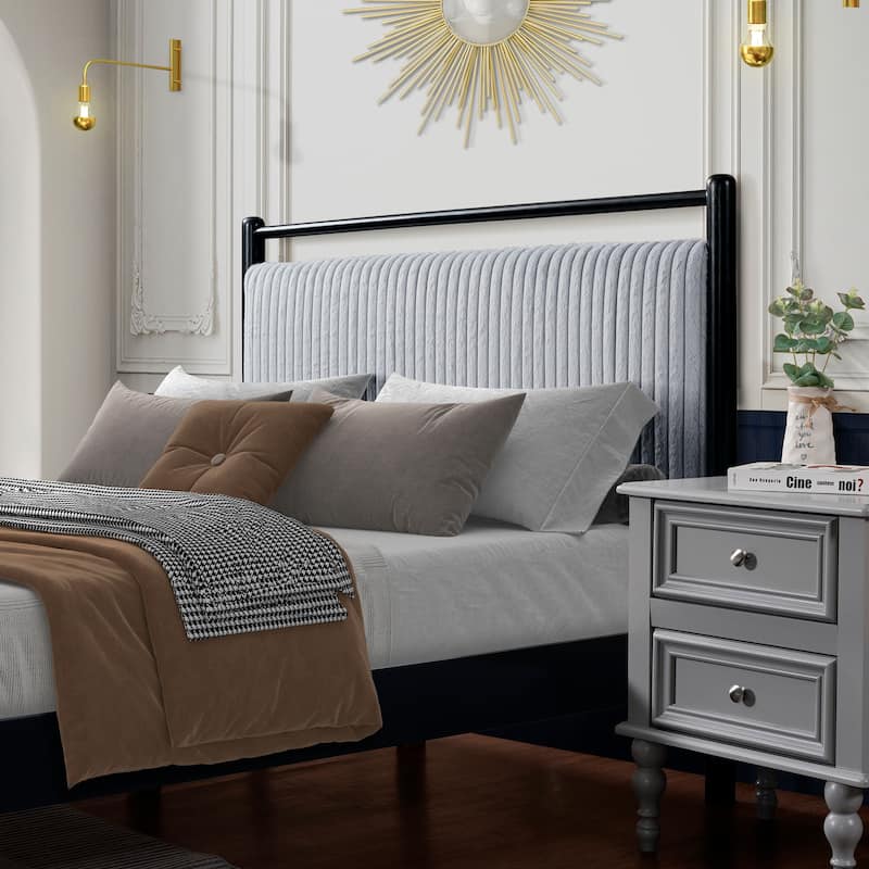 Classic Wooden Platform Bed Frame with Light Grey Fluffy Headboard