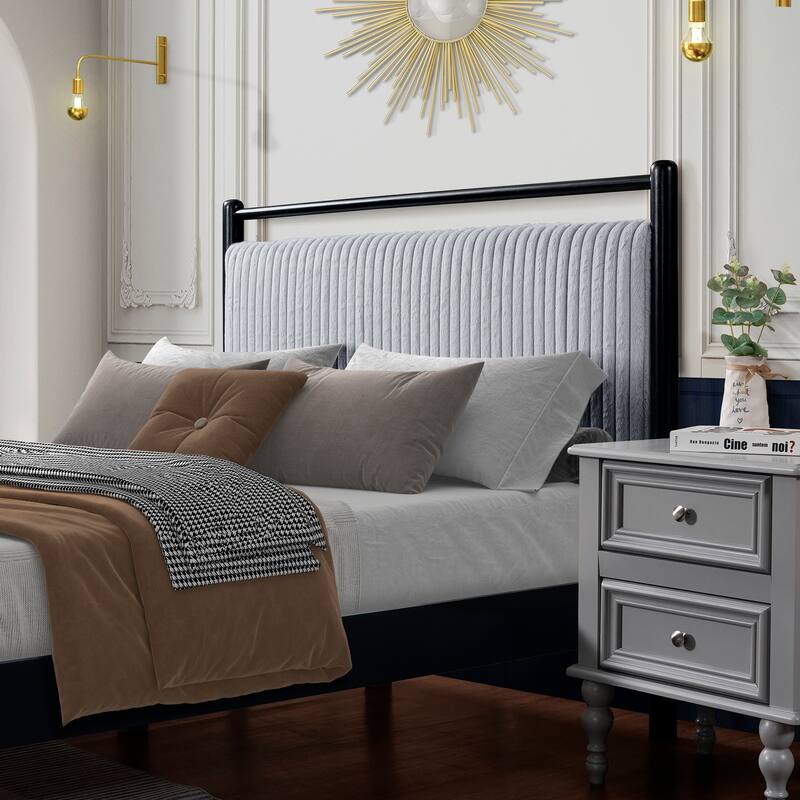 Full Size Wood Platform Bed with Soft Headboard, Grey and Black Frame