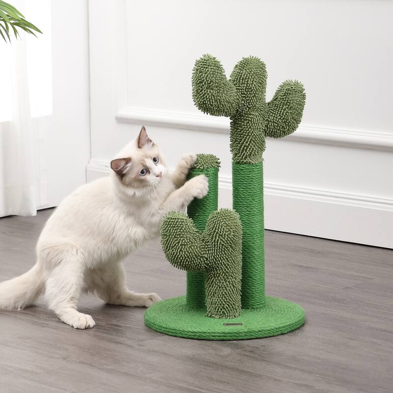 Marfa 21.5" Modern Jute Triple-Cactus Cat Scratching Post with Fuzzy Toy, Green - Assembly Required