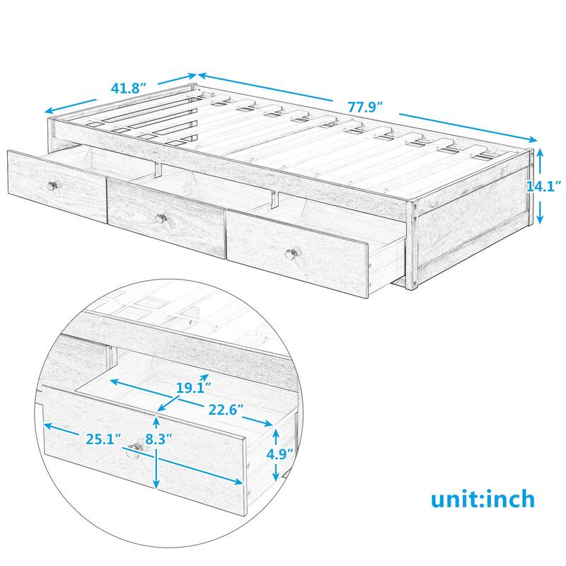 Black Pine Wood Twin Platform Bed with 3 Drawers, Sturdy Frame, Plywood Slats, and MDF Support - Space-Saving Storage Solution