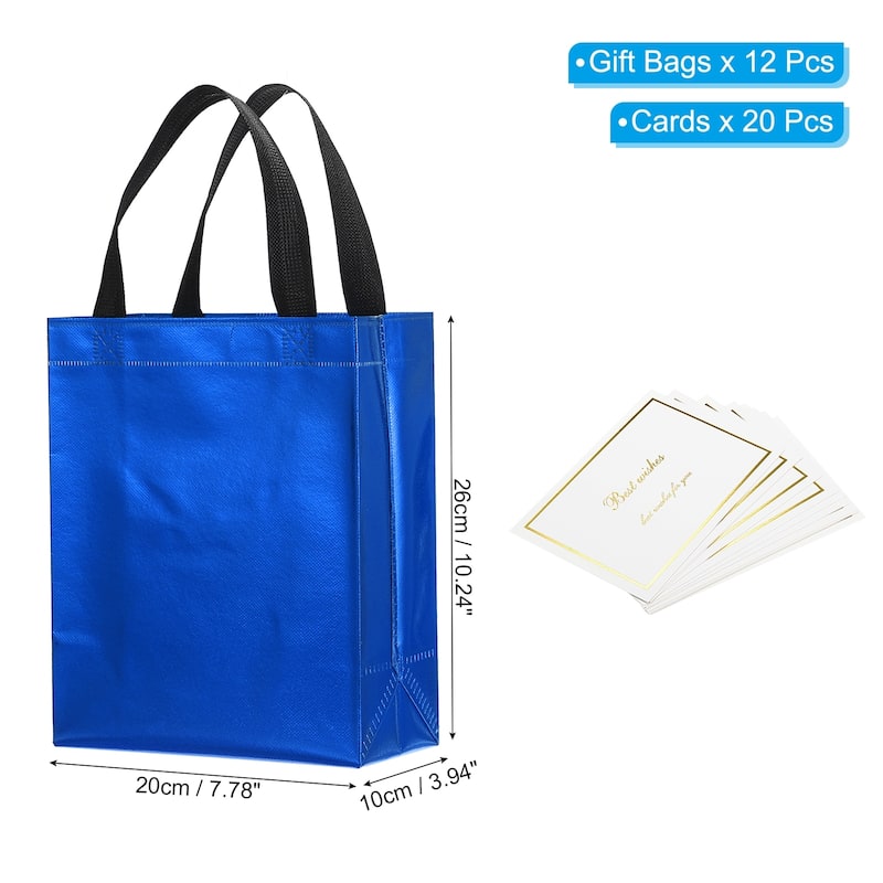 Gift Bags with Cards, 12 Set 8" Reusable Non-Woven Gift Goodie Bags - 10"x8"x4" - Light Blue