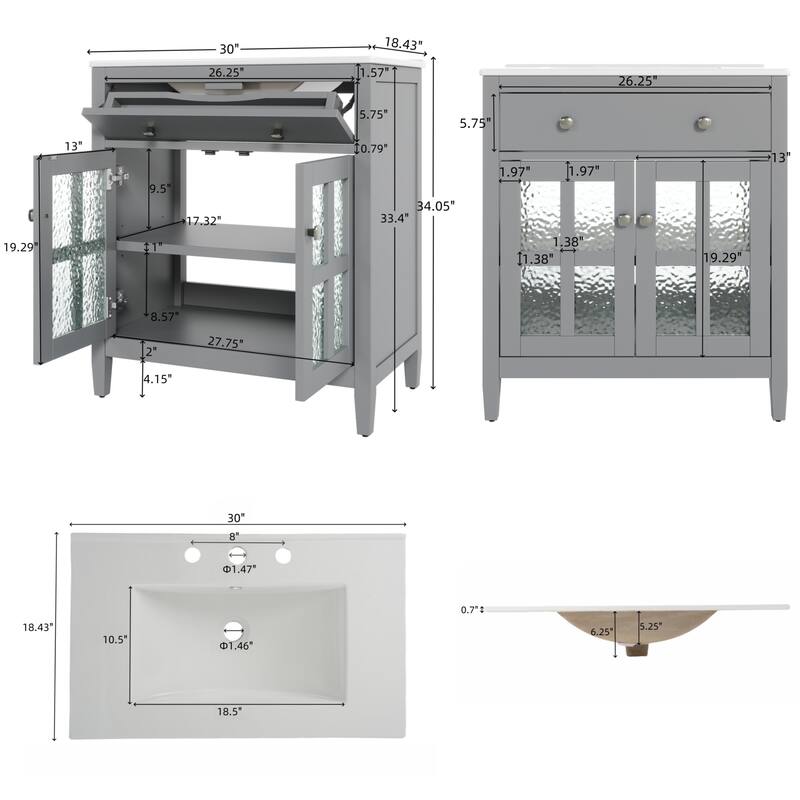 30" Storage Cabinet with Glass Doors, Bathroom Vanity with Ceramic Sink, Adjustable Shelf, Tip-Out Tray and Silver Metal Knobs