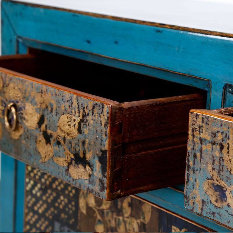 Artissance Floral Cabinet Antique Indigo With two Drawers 38X16X33H - 16" L x 38.5" W x 33" H