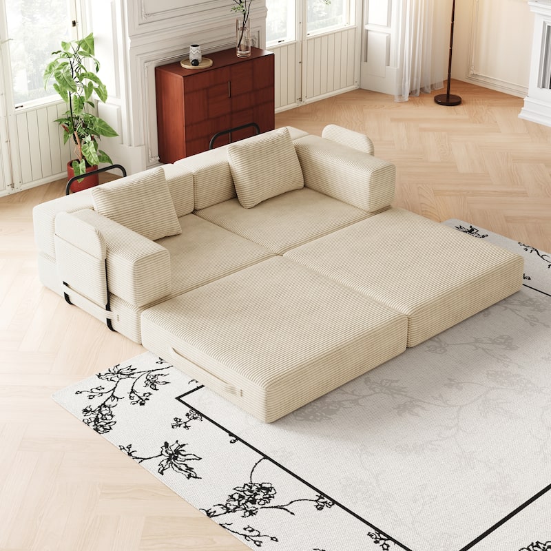 Folding Loveseat Sofa Convertible Sleeper Sofa Bed, Floor Standing Couch Bed Corduroy Floor Mats with Side Pockets and Pillows
