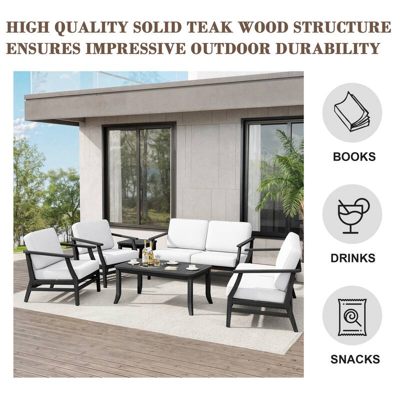 Teak Outdoor Patio Conversation Set with Cushions and Tables (6-Piece)
