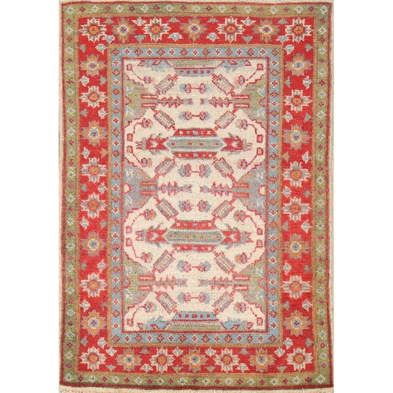 Geometric Kazak Oriental Accent Foyer Rug Hand-Knotted Wool Carpet - 2'0"x 3'0"