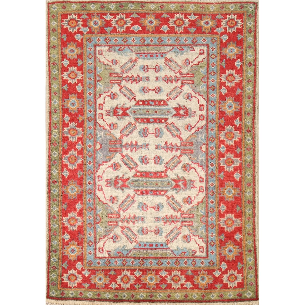 Geometric Kazak Oriental Accent Foyer Rug Hand-Knotted Wool Carpet - 2'0"x 3'0"
