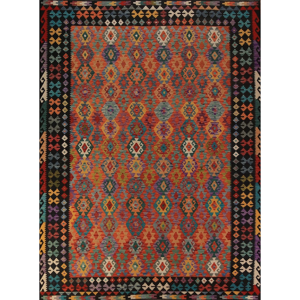 Geometric Kilim Area Rug Hand-Woven Wool Carpet - 8'8"x 11'8"