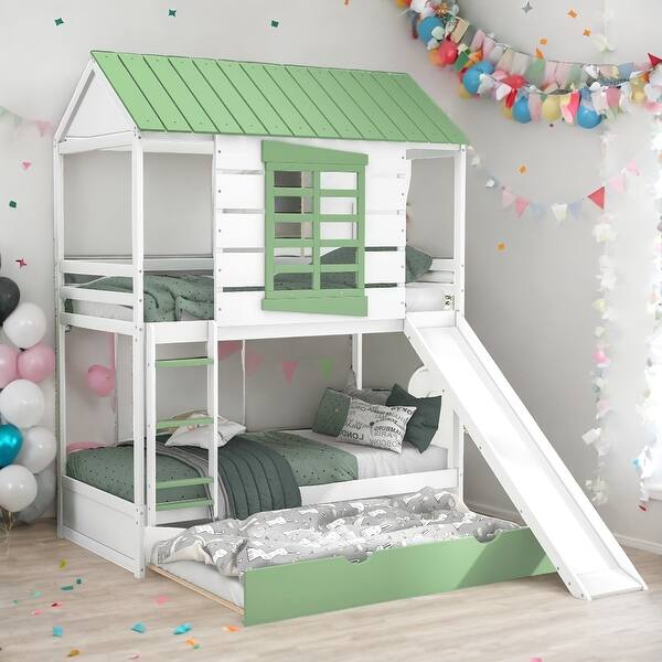 slide 2 of 13, Twin over Twin Size House Bunk Bed with Convertible Slide and Trundle,House Roof Bed with Trundle,Easy to Assemble,White+Green White+Green