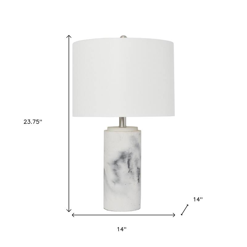 HomeRoots 24" White And Black Faux Marble Concrete Table Lamp With White Drum Shade - 14.00 in. x 23.75 in. x 14.00 in.