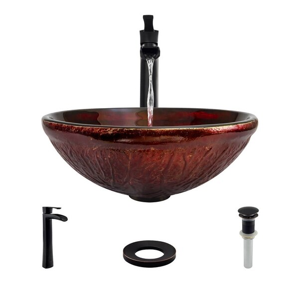 Rene R5-5018-R9-7007 16-1/2" Glass Vessel Bathroom Sink with Vessel Faucet, Sink Ring, and Vessel Pop-Up Drain