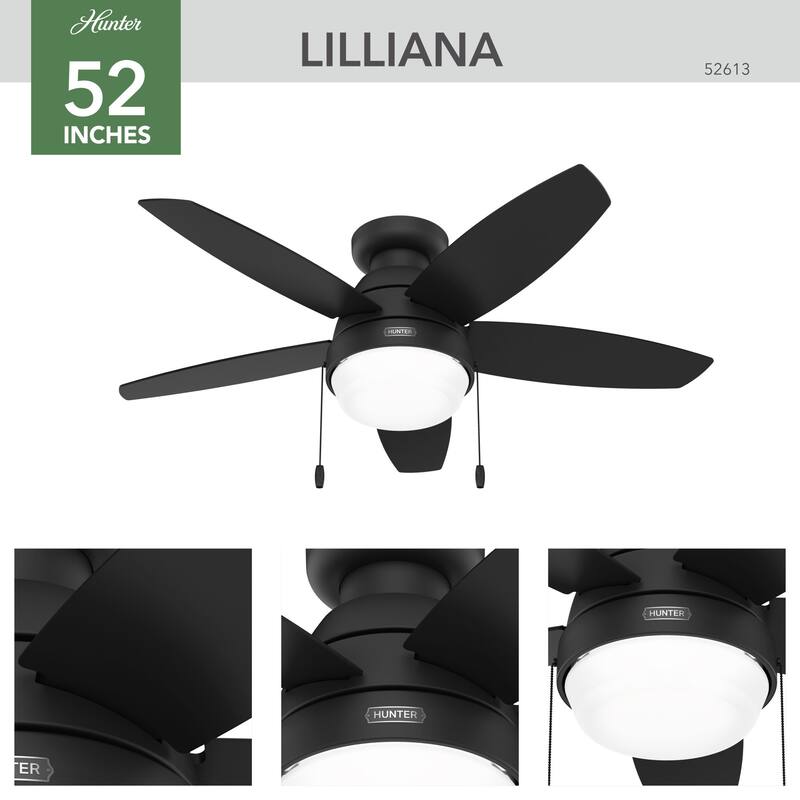 Hunter Lilliana Low Profile Ceiling Fan w/LED Light Kit, Pull Chain, Exclusive SureSpeed - Modern, Transitional