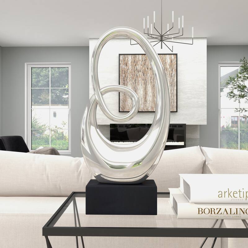Sleek Ceramic Swirl Abstract Sculpture with Black Wooden Base - Silver or White