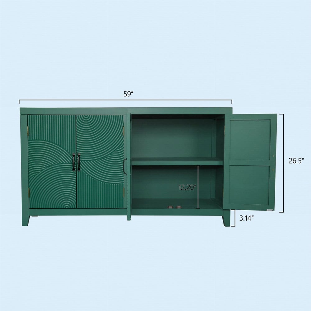 59" Green Accent Cabinet with 4 Doors, Mid Century Modern Pantry Cabinet, Wood Buffet Cabinet