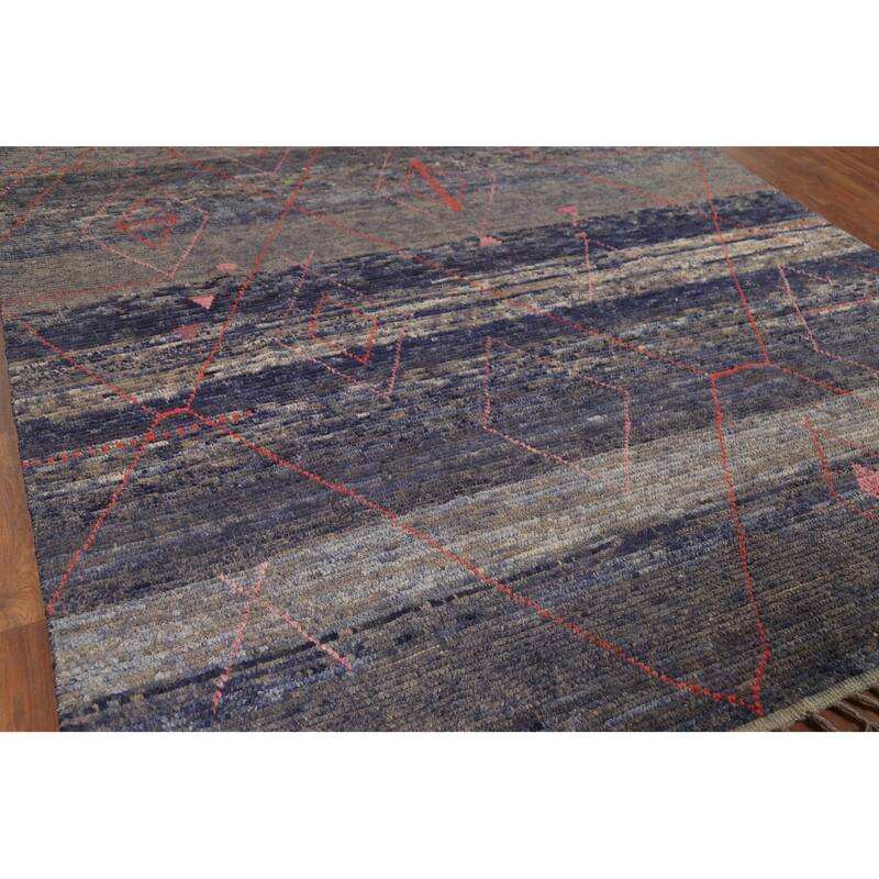 Blue Striped Moroccan Area Rug Hand-Knotted Wool Carpet - 8'2"x 12'3"