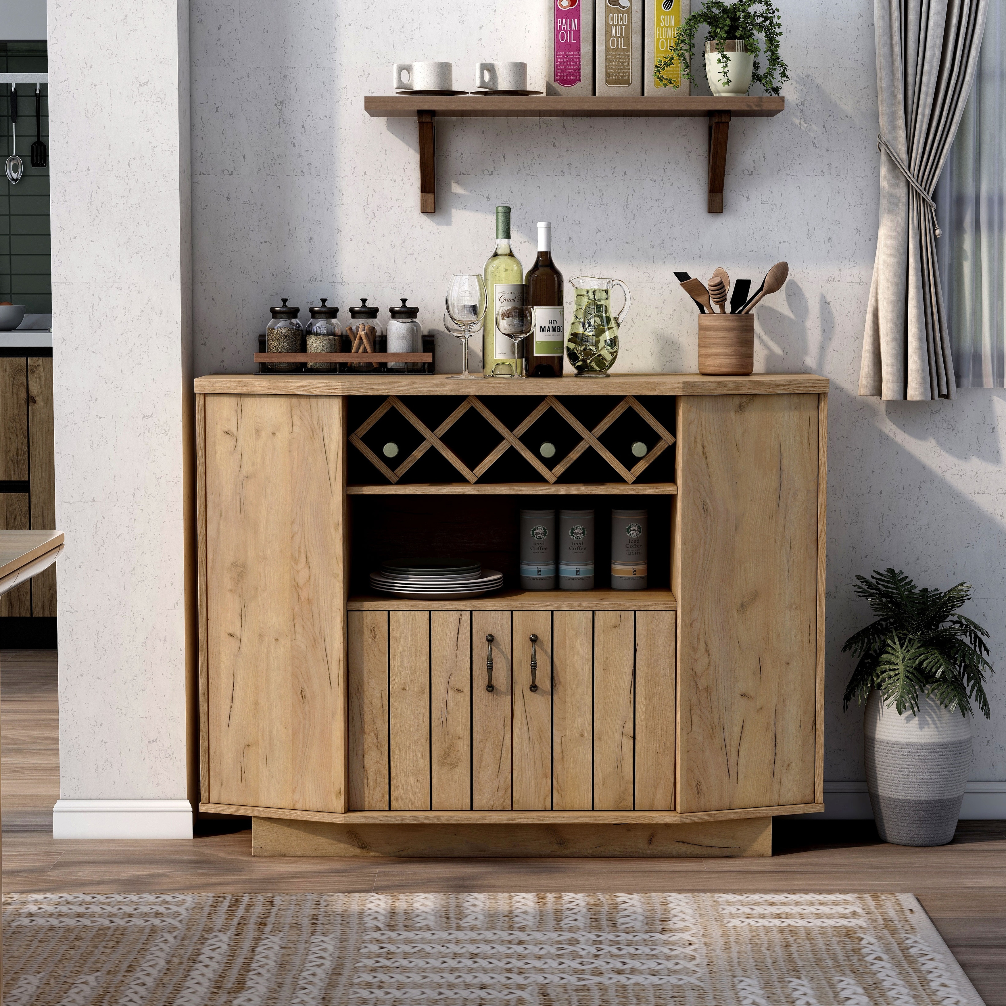 DH BASIC Light Oak Country 4-bottle Lattice Wine Cabinet