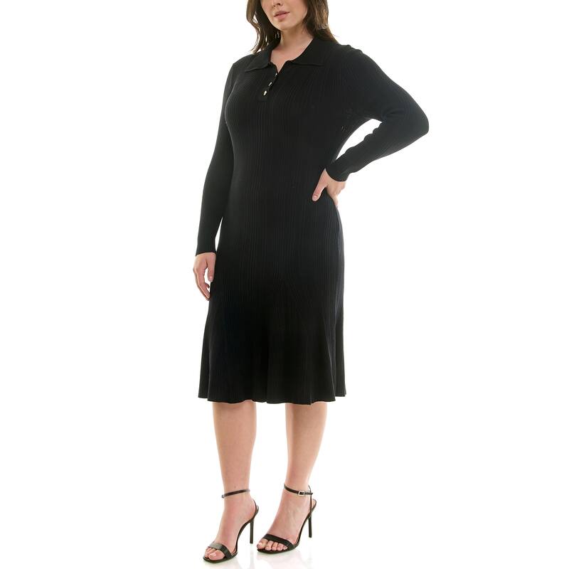 Nanette Lepore Ribbed Knit Polo Midi Dress with Long Sleeves - Black - XL