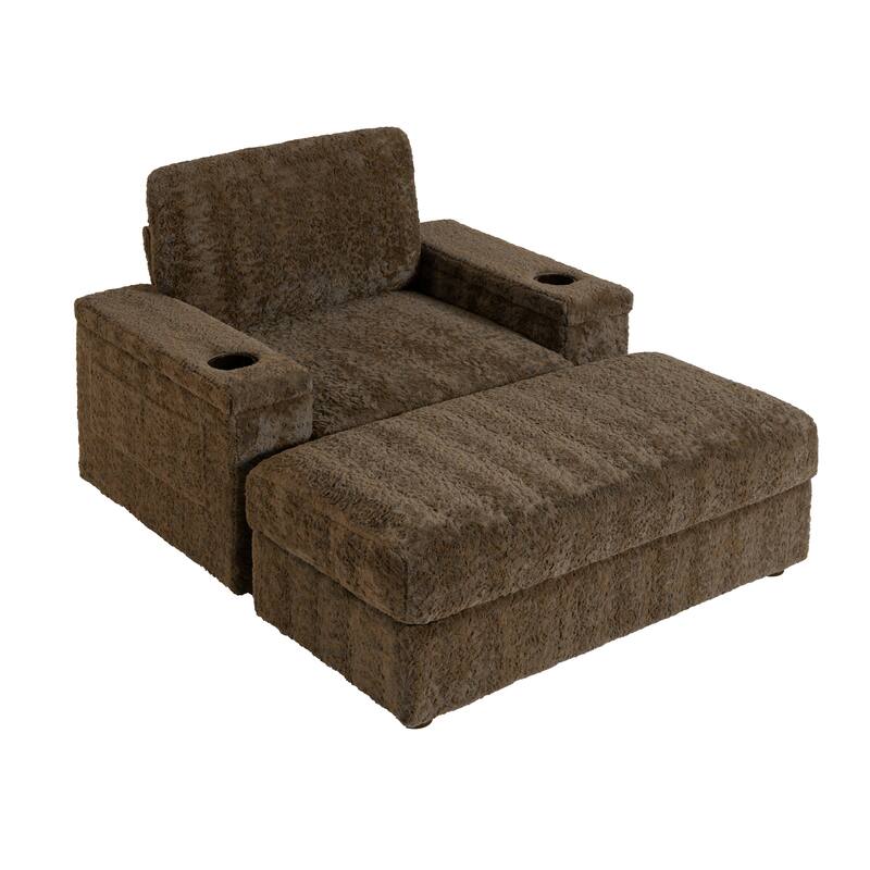2-Piece Oversized Accent Chair & Ottoman Sets, Single Sofa Reading Couch Chaise Lounge with Storage Ottoman & Cup Holders