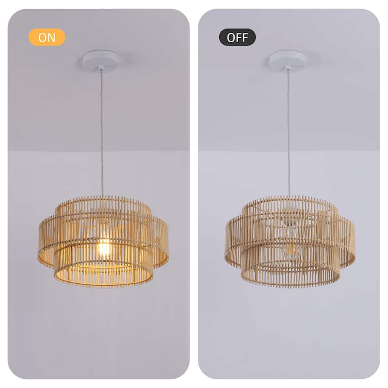 Solara 16 in. 2-Tiers 1-Light Pendant Light with Bamboo Round Shade, No Bulbs Included