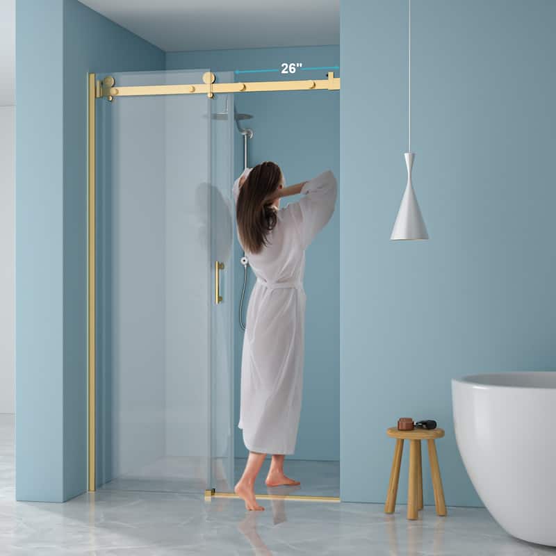 48"W x 76"H Gold Stainless Steel Single-Slide Shower Door with 8mm Tempered Glass – Reversible Left or Right Installation