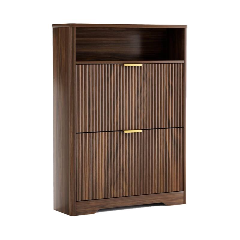Shoe Cabinet with 2 Flip Drawers, Hidden Shoe Storage Cabinet with Wave-Patterned Panel, Free Standing Entryway Shoe Organizer