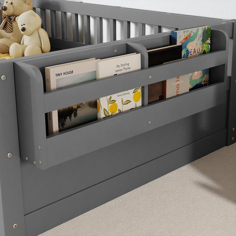 Twin/Full Montessori Wooden Floor Bed with High Rails, LED Light, and Side Storage Shelf for Kids